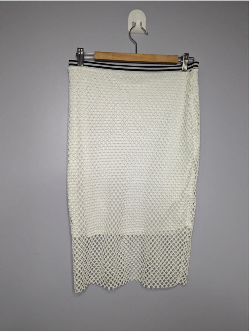 Missguided White Fishnet Mesh Pencil Midi Skirt Striped Waistband NWT Size 10